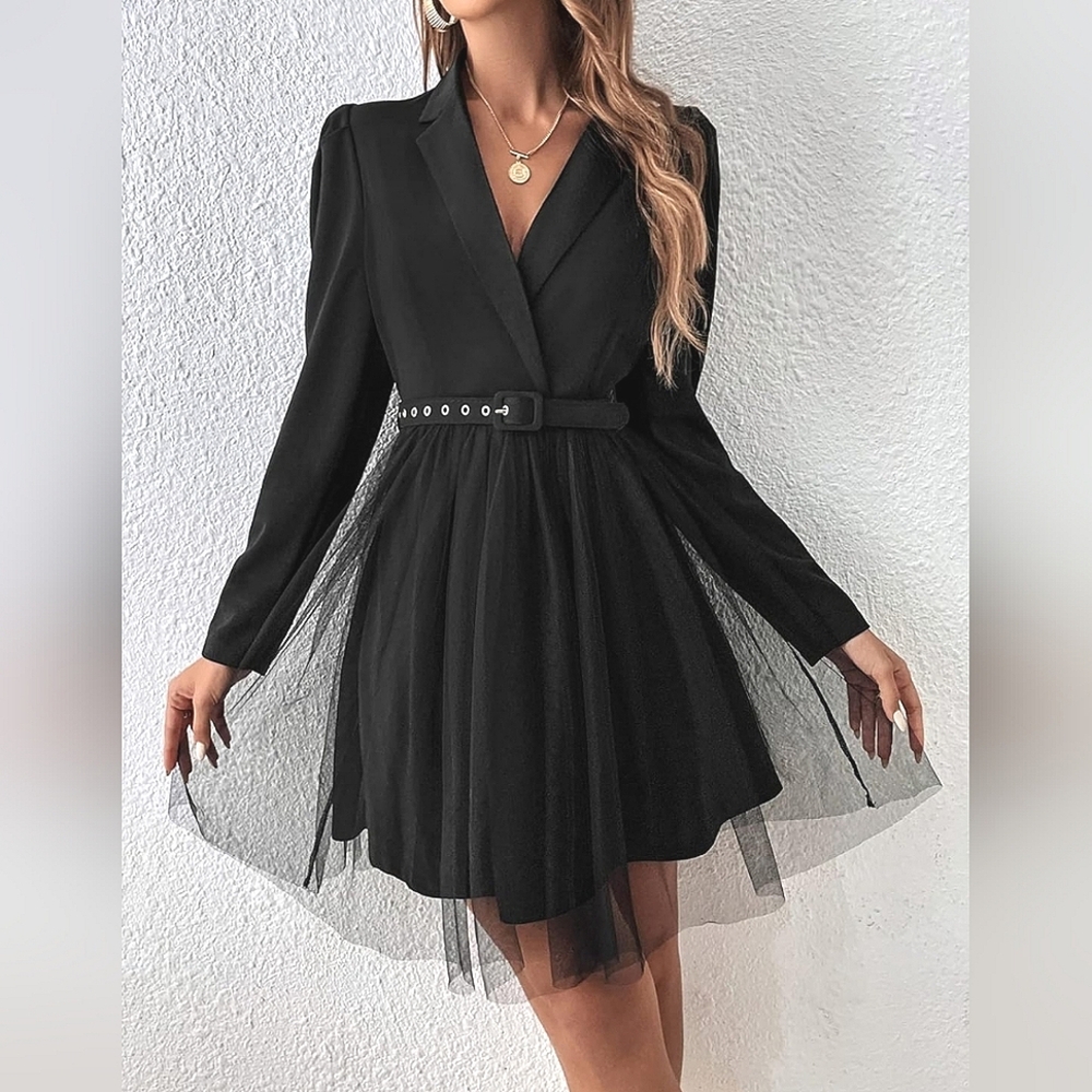 * New Chic Belted Blazer Tulle Skirt Dress Black
